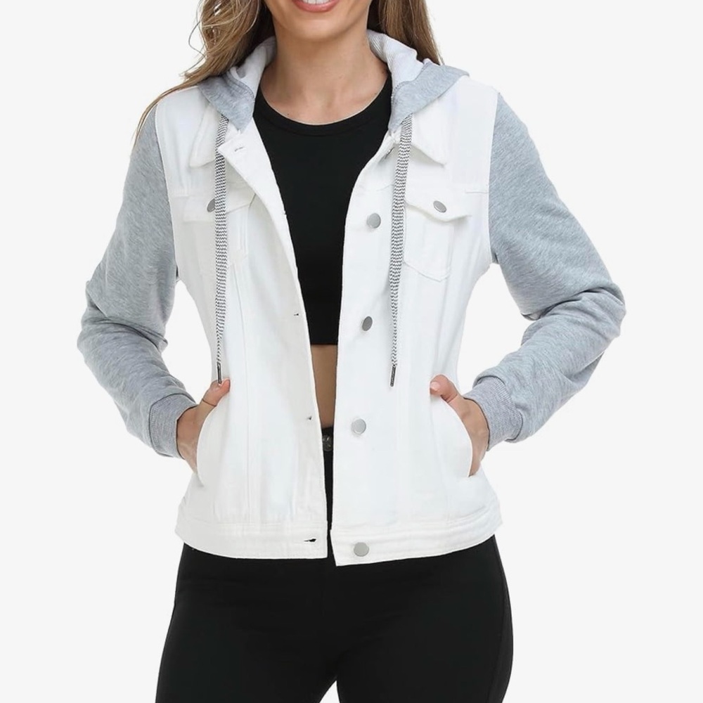Miss Molly White Hooded Jean Jacket with Gray Contrasting Hood & Sleeves XS. NWT